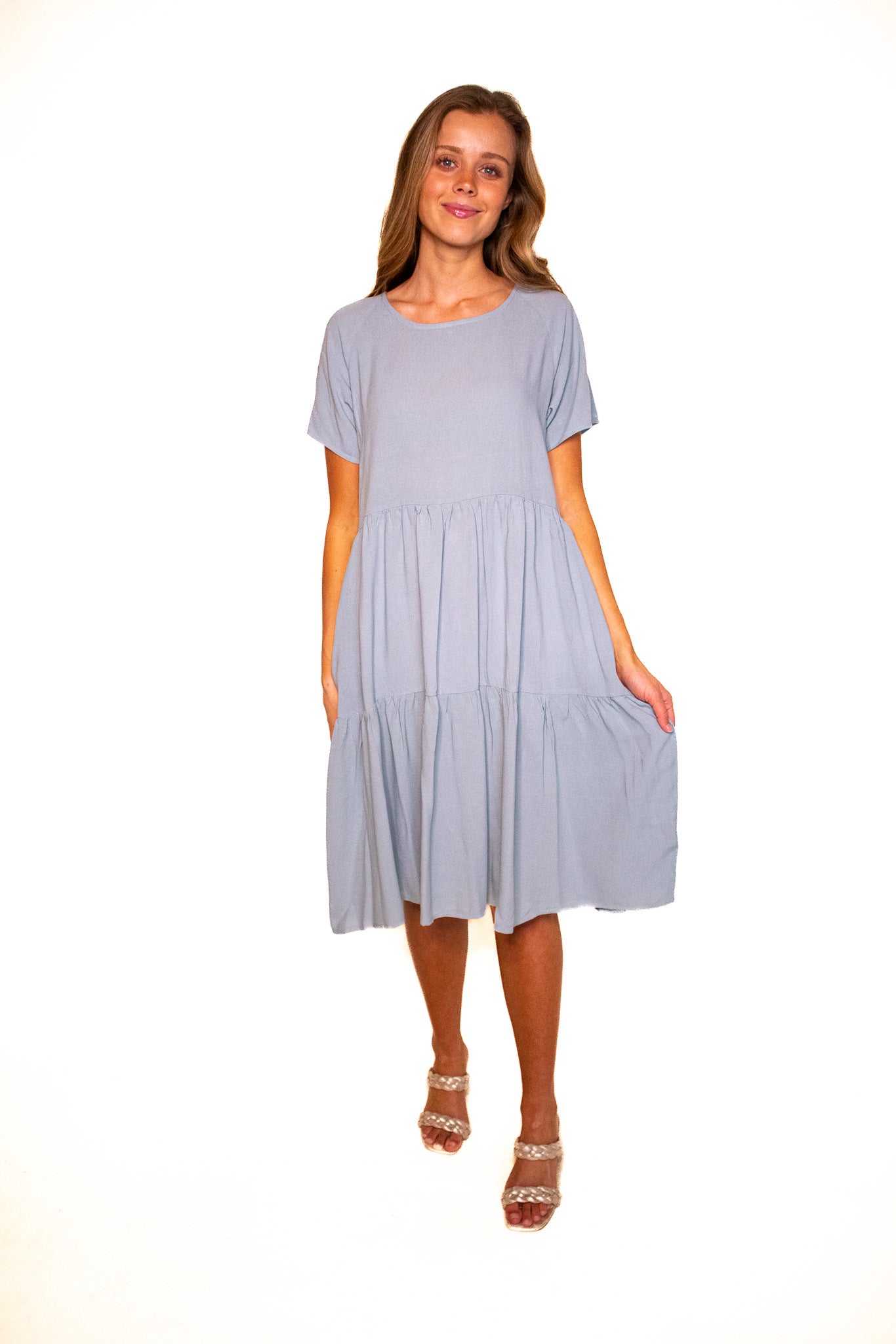 The Kelly Tiered T-Shirt Dress with Pockets 2.0 in Dusty Blue