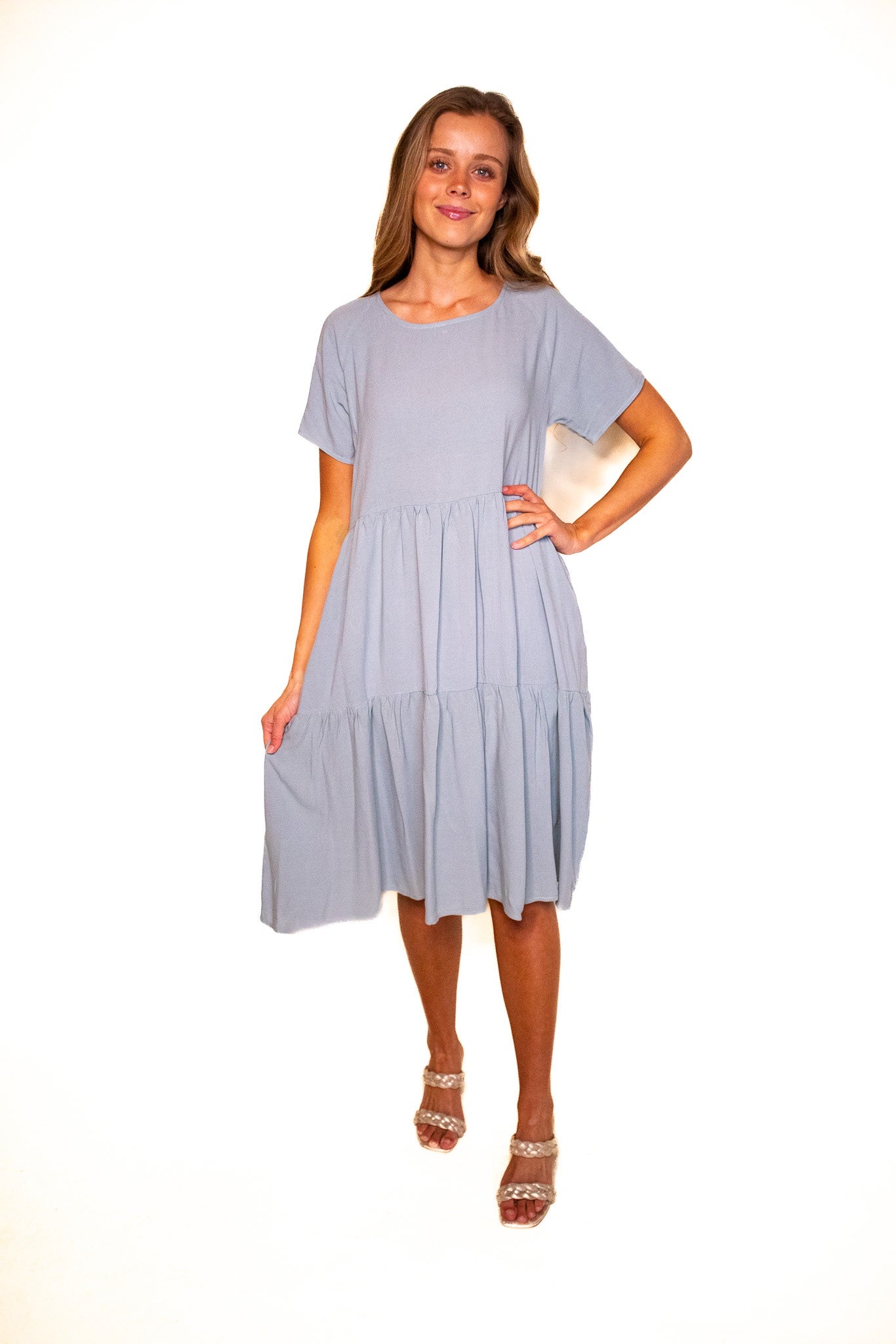 The Kelly Tiered T-Shirt Dress with Pockets 2.0 in Dusty Blue