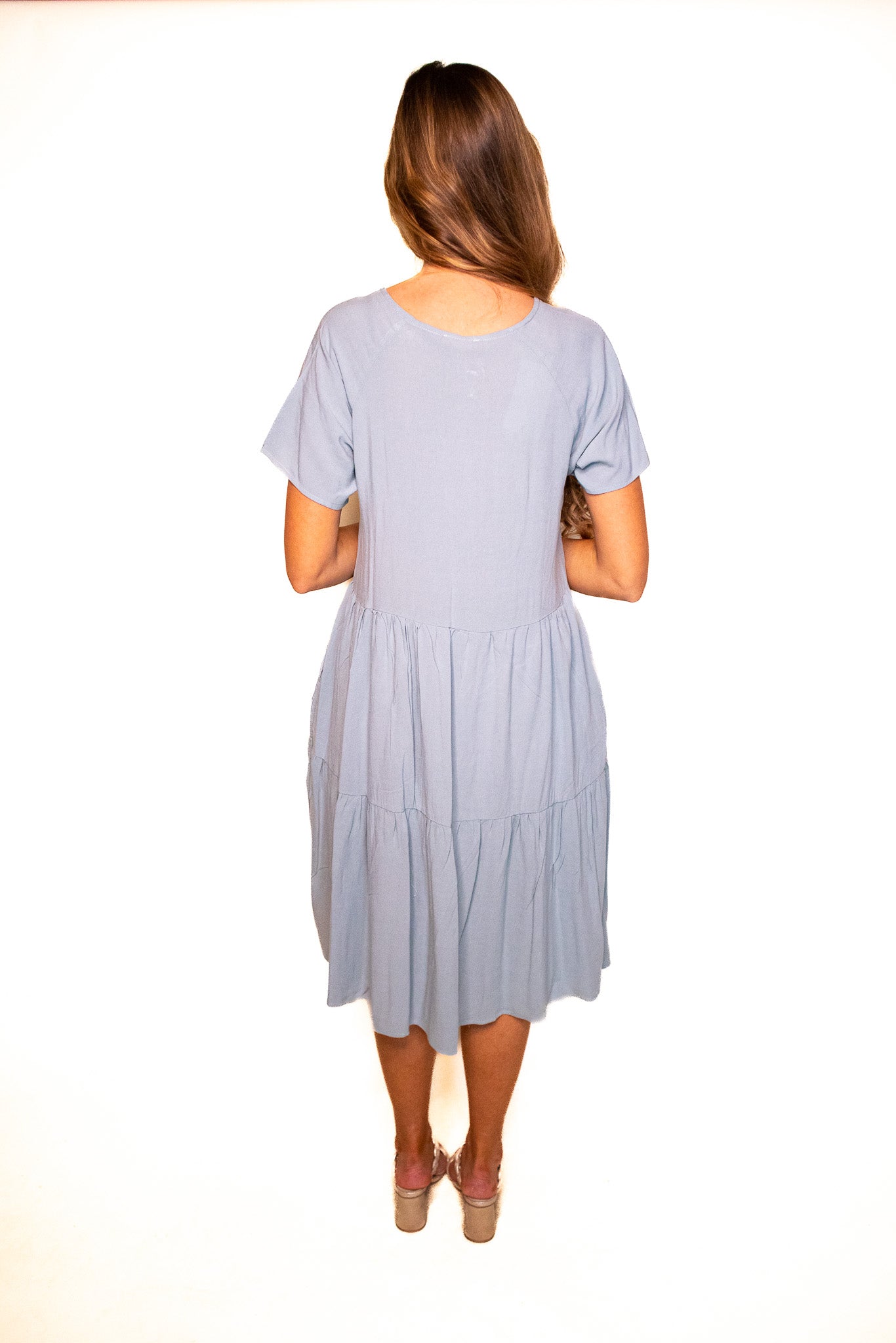 The Kelly Tiered T-Shirt Dress with Pockets 2.0 in Dusty Blue