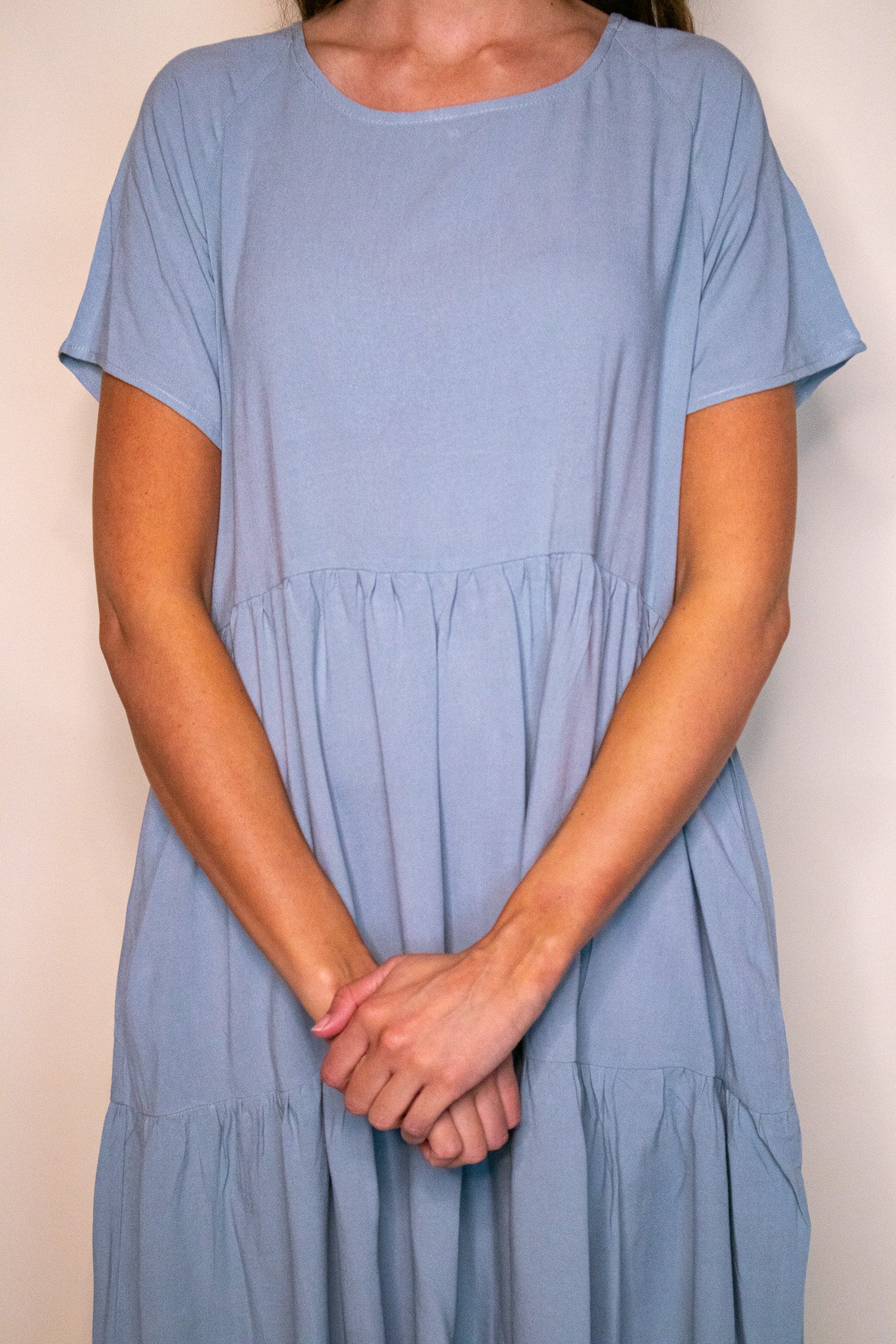 The Kelly Tiered T-Shirt Dress with Pockets 2.0 in Dusty Blue