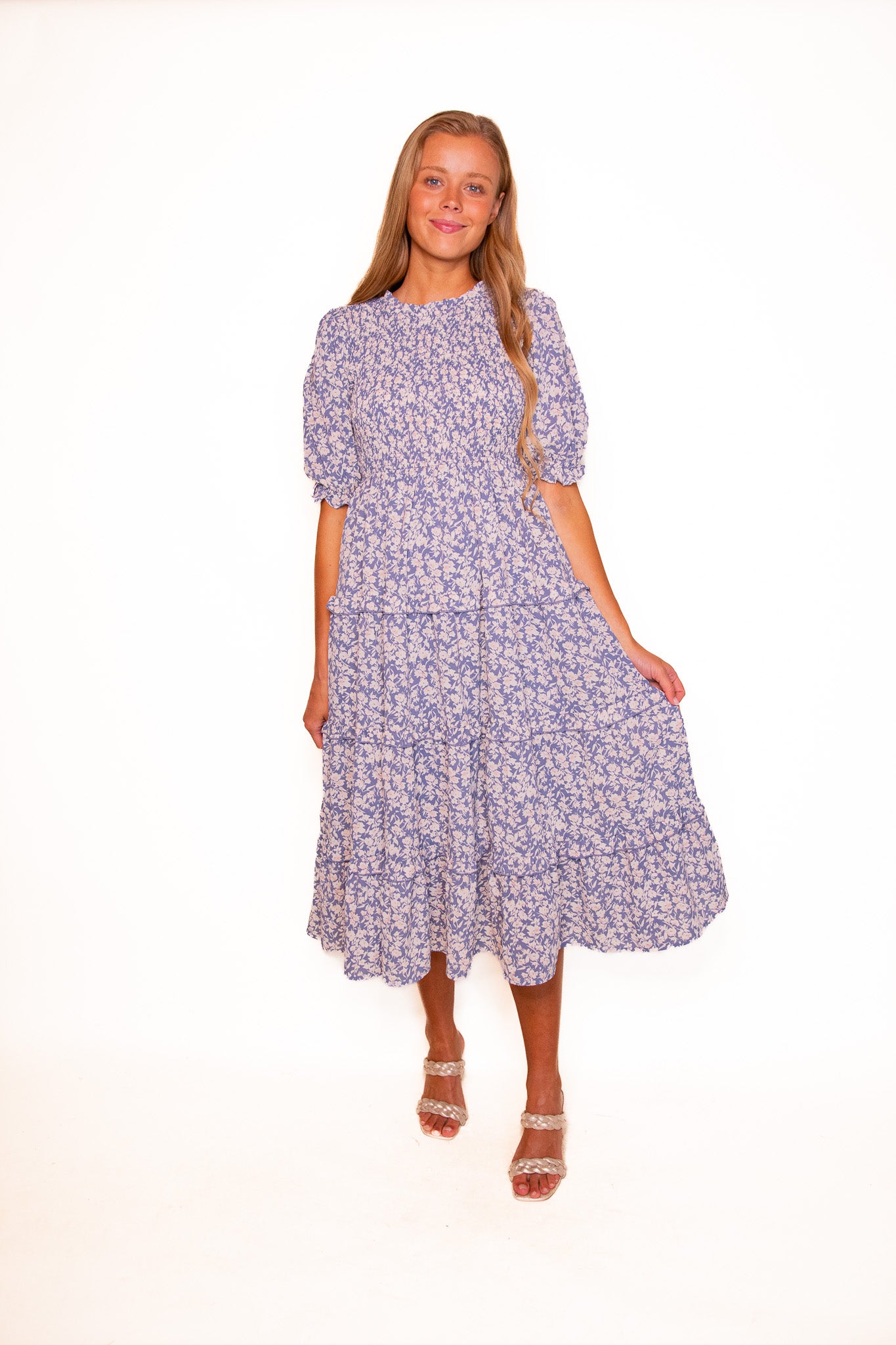 The Mia Smocked Dress in Dusty Blue Floral