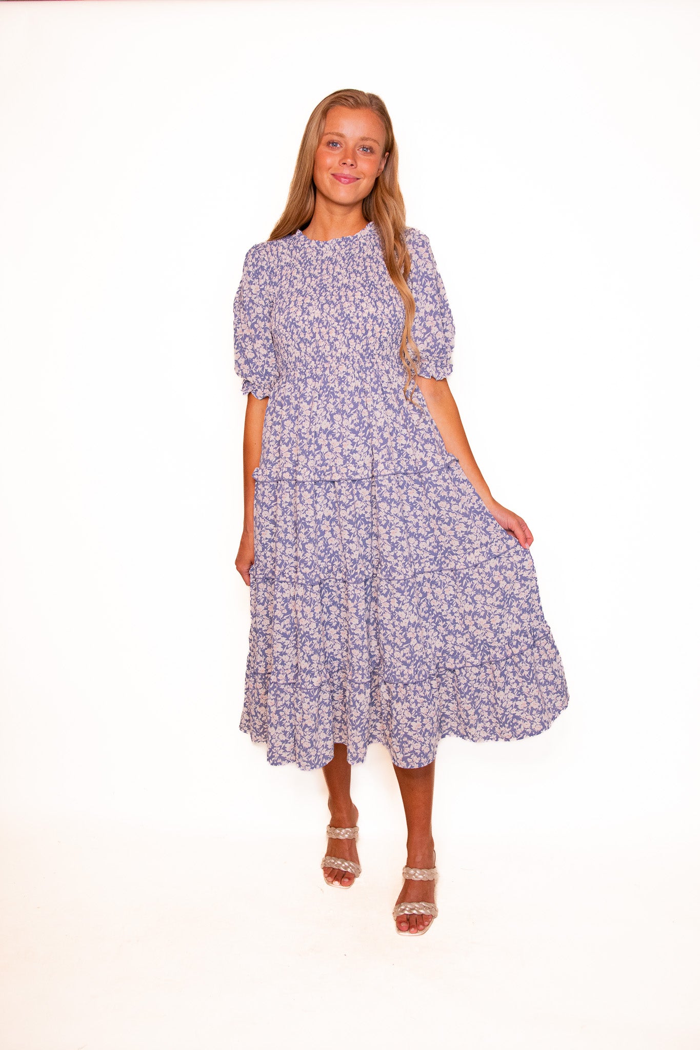 The Mia Smocked Dress in Dusty Blue Floral