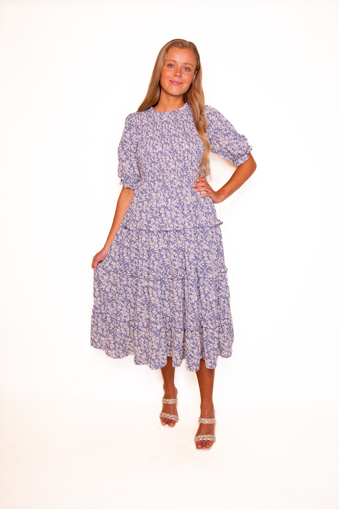 The Mia Smocked Dress in Dusty Blue Floral