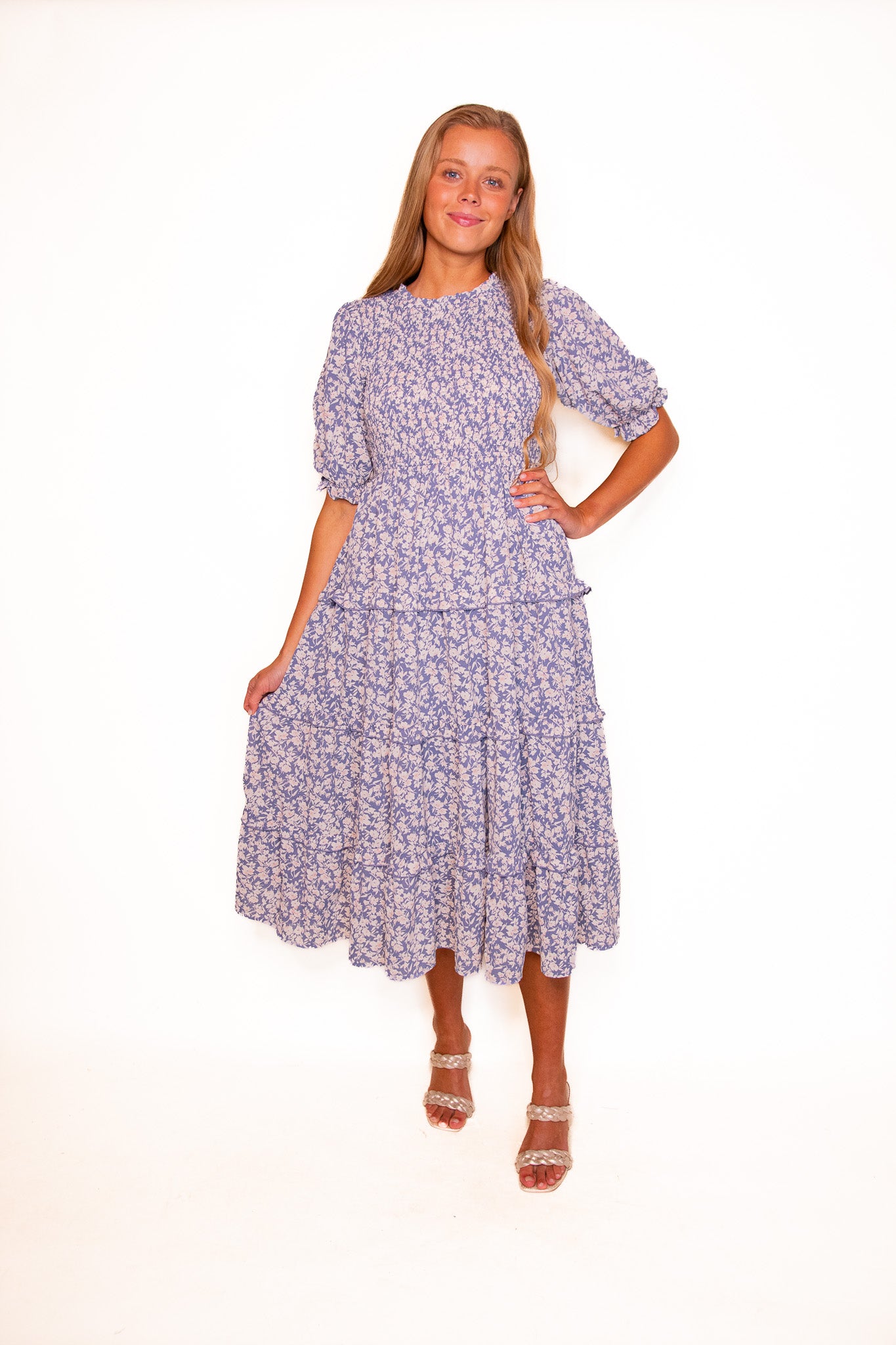 The Mia Smocked Dress in Dusty Blue Floral