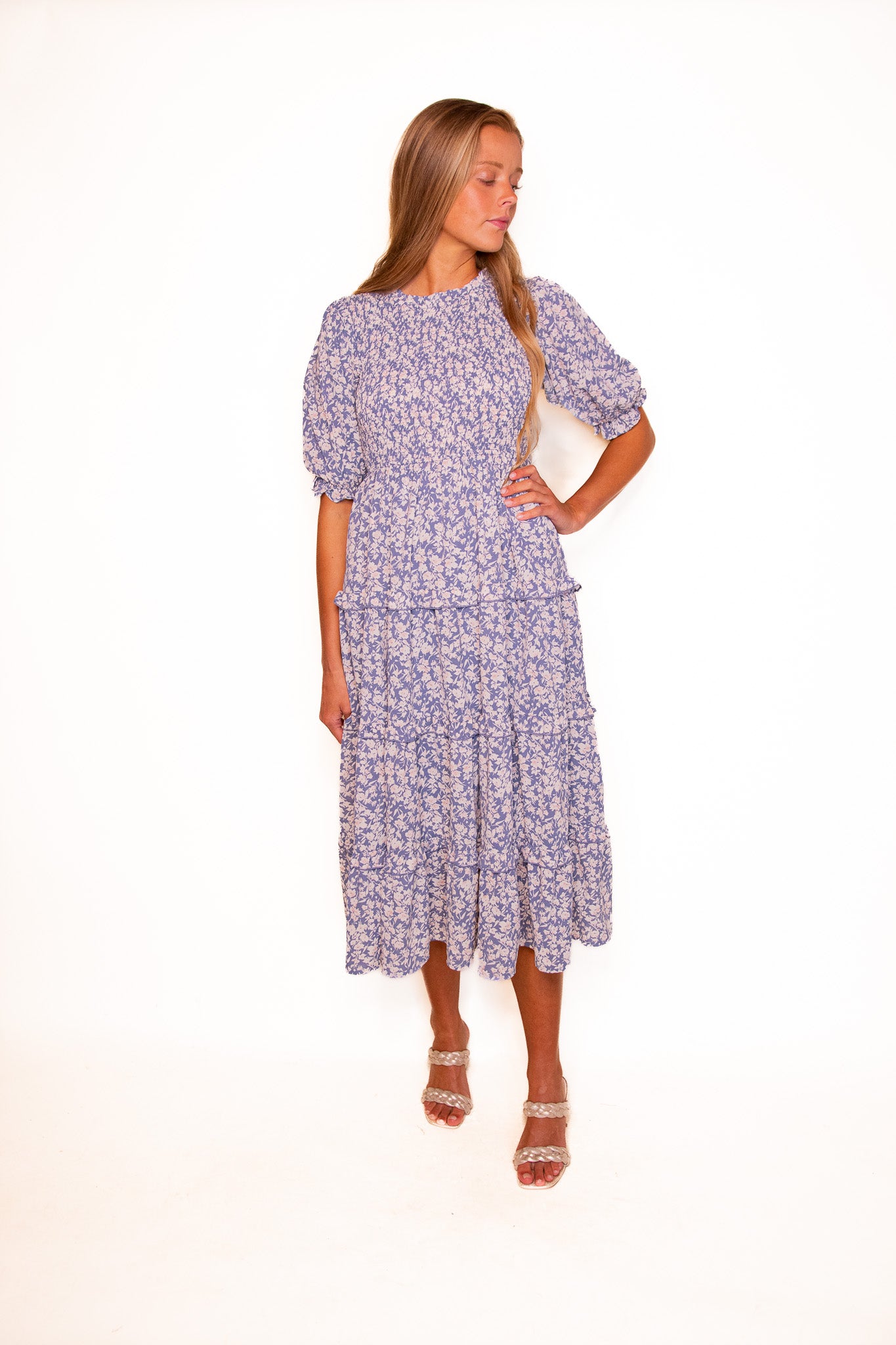 The Mia Smocked Dress in Dusty Blue Floral