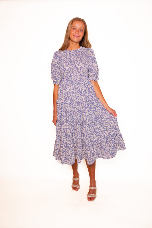 The Mia Smocked Dress in Dusty Blue Floral