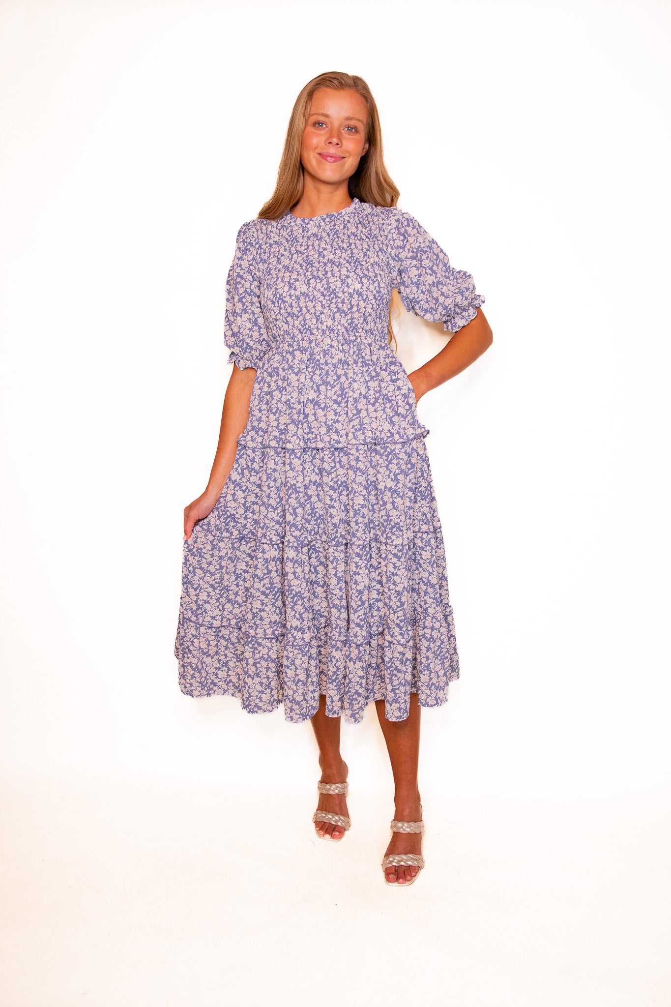 The Mia Smocked Dress in Dusty Blue Floral