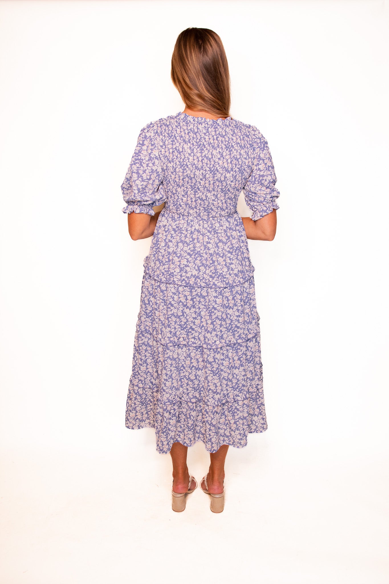 The Mia Smocked Dress in Dusty Blue Floral