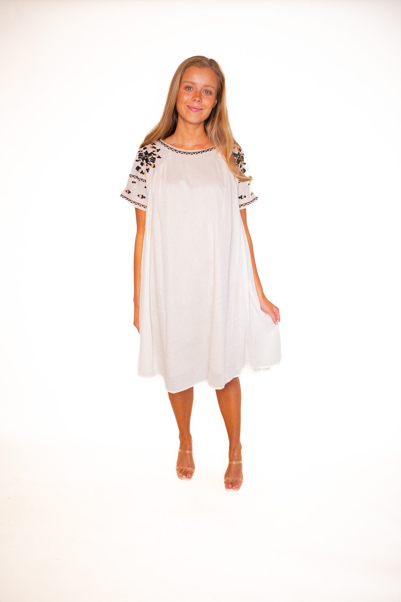 The Ellen Embroidered Babydoll Midi in Cream