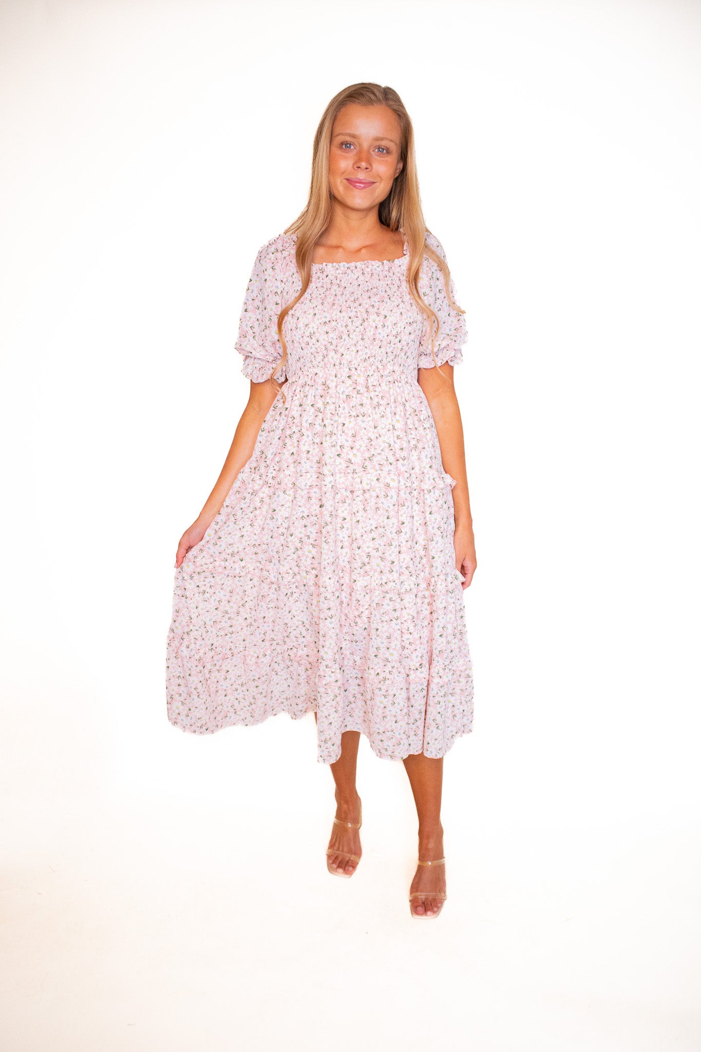 The Daisy Smocked Dress in Pink Floral