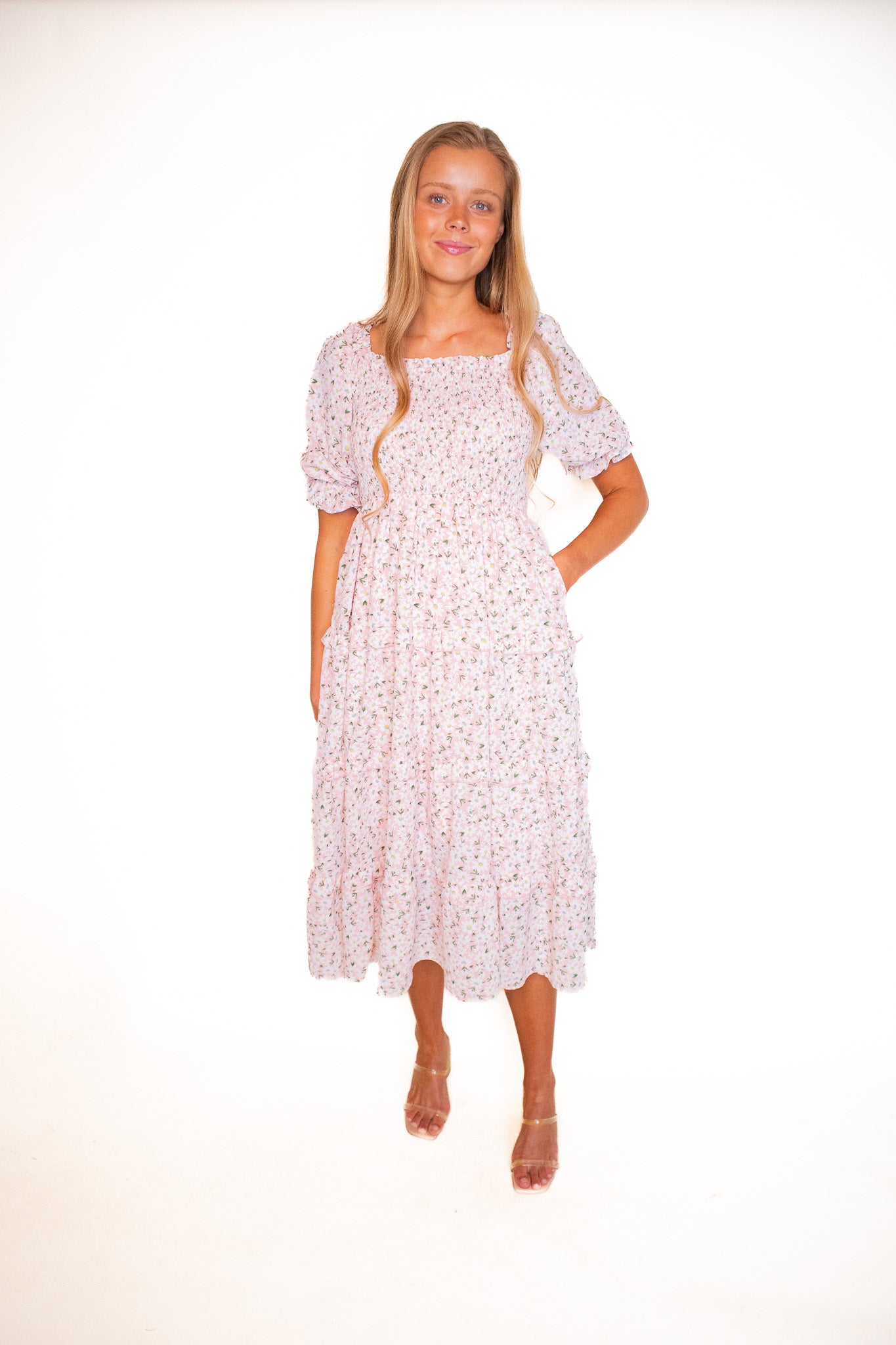 The Daisy Smocked Dress in Pink Floral