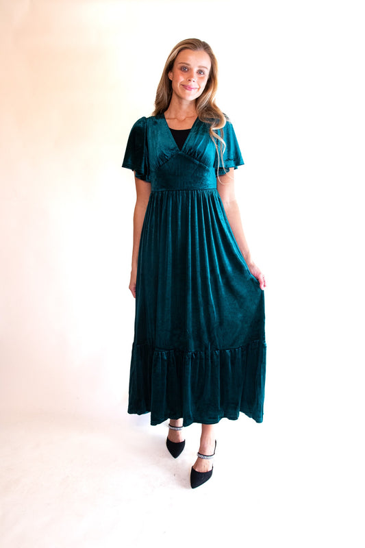 The Alexa Velvet Maxi Dress in Emerald