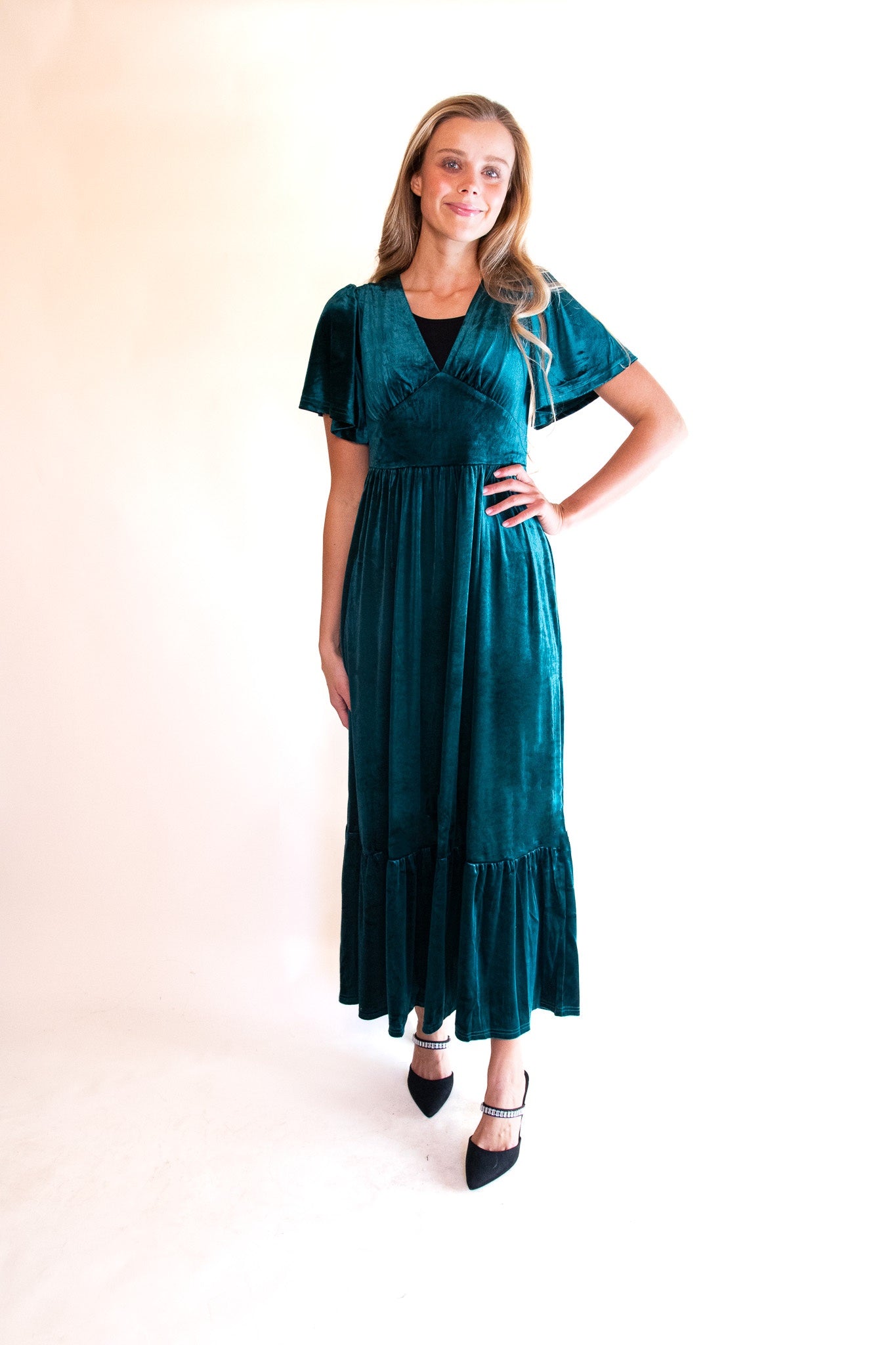 The Alexa Velvet Maxi Dress in Emerald