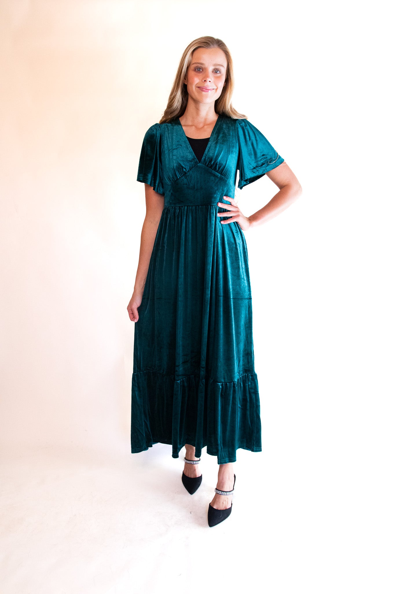 The Alexa Velvet Maxi Dress in Emerald