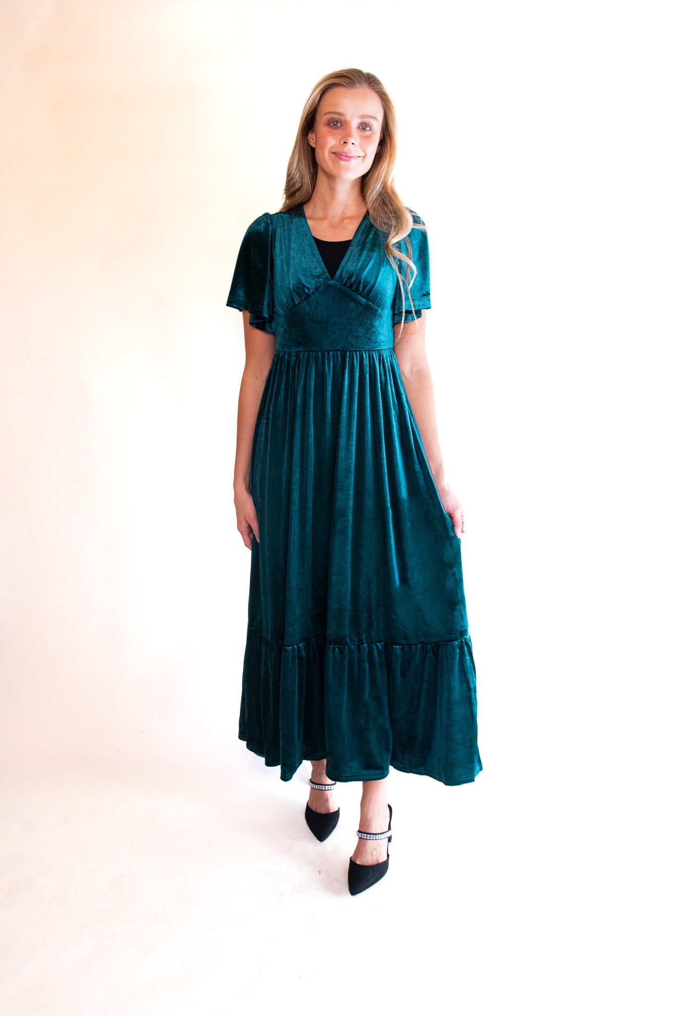 The Alexa Velvet Maxi Dress in Emerald