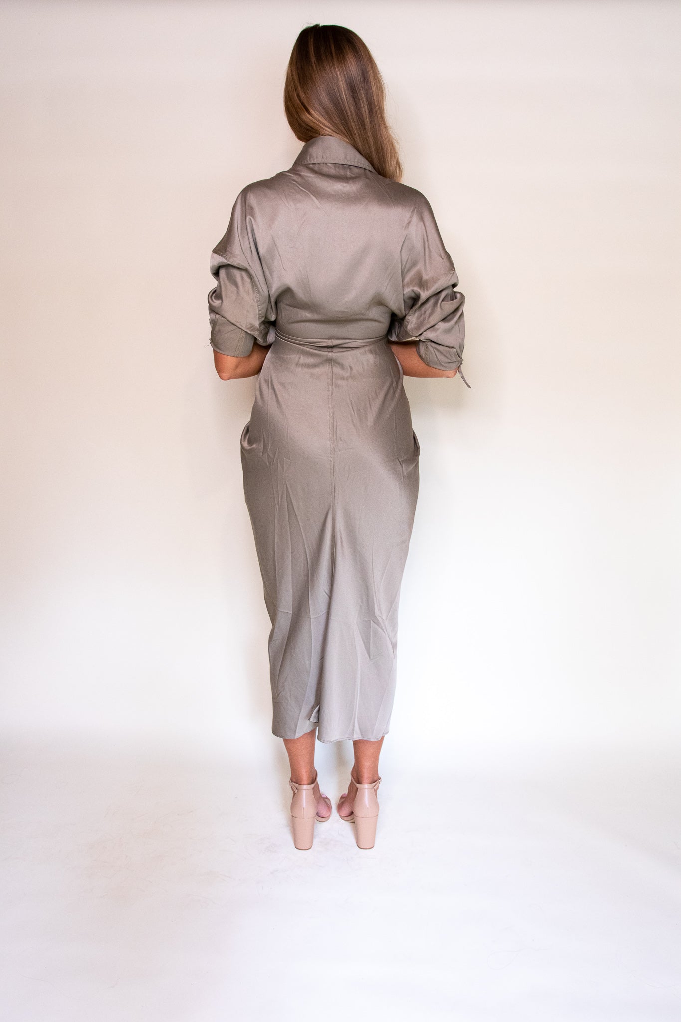 The Serena Satin Long Sleeve Midi in Olive