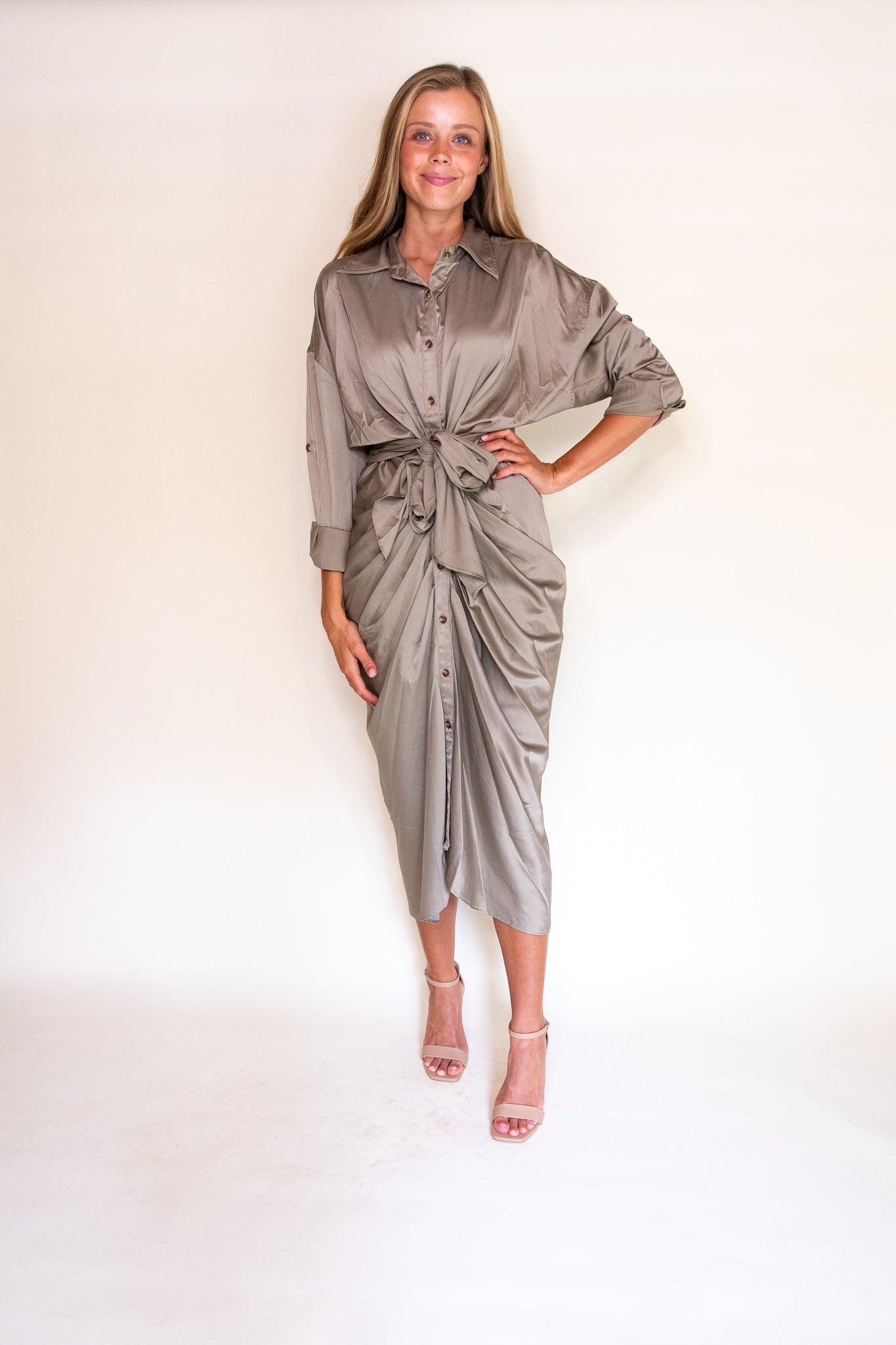 The Serena Satin Long Sleeve Midi in Olive