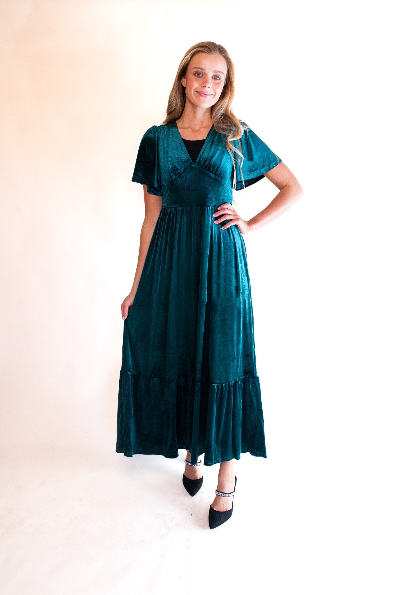 The Alexa Velvet Maxi Dress in Emerald